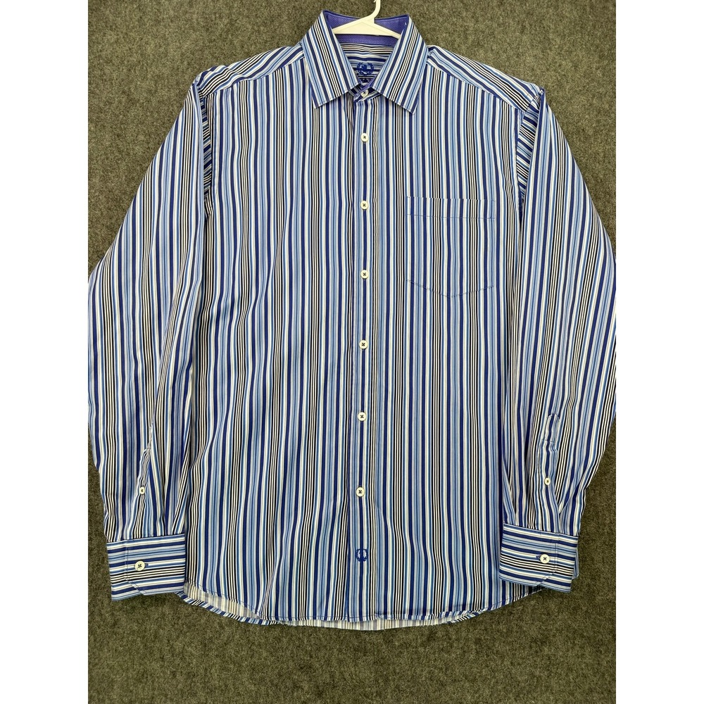Bugatchi Uomo Mens Shaped Fit Blue White Striped Long Sleeve Button Down Shirt